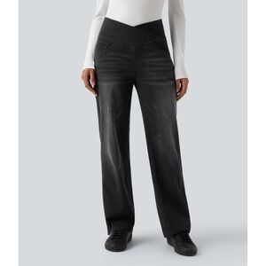 Halara Flex Denim Tummy Control High Waist Crossover Straight Leg Pant M Black